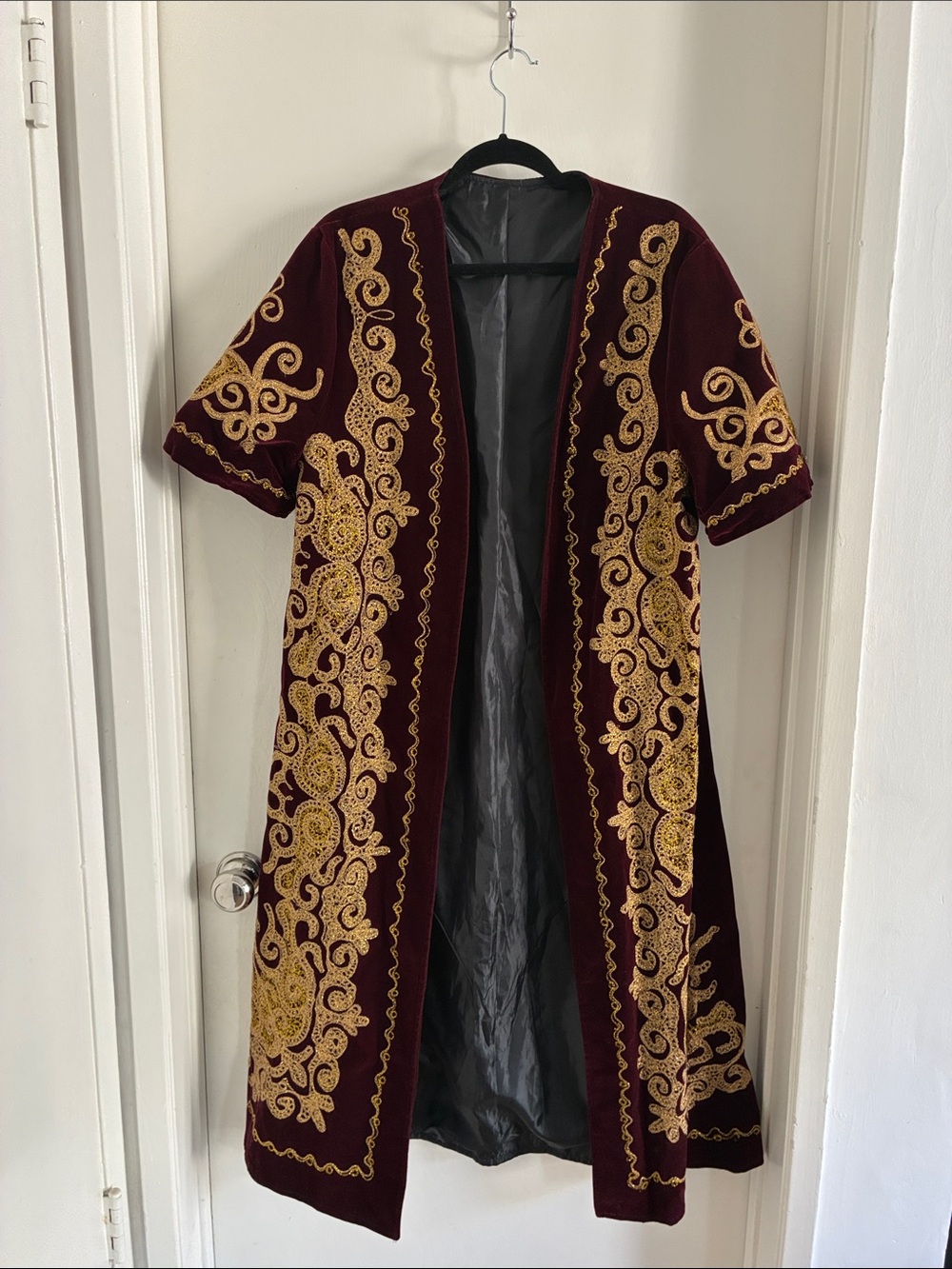 Gold Embroidered Burgundy Velvet Open Front long coat vest